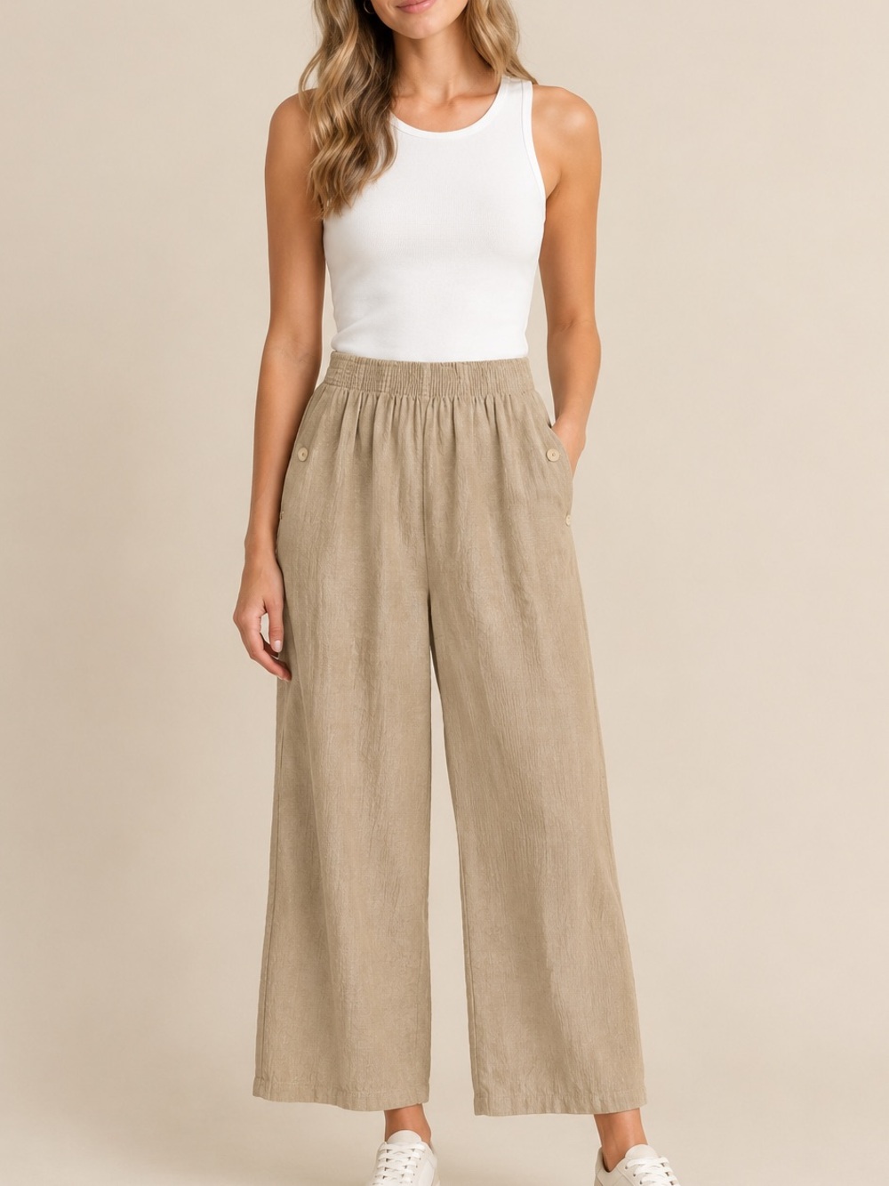 Wide Leg Linen-Blend Pants in Taupe